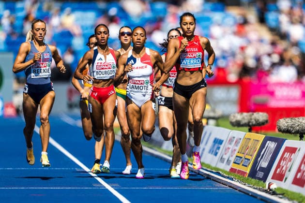 European Athletics Championships, Birmingham, August 13, 2026 BIRMINGHAM, UNITED KINGDOM AUGUST 13 Audrey Werro of Switzerland leads after the first lap in the 800-meter semifinal, ahead of Renelle Lamote of France, Anais Bourgoin (FRA, France), and Jemma Reekie (GBR, Great Britain) in the 800-meter semifinal at the European Athletics Championships in Birmingham on August 13, 2026, in Birmingham, United Kingdom Copyright: xBEAUTIFULxSPORTS UlfxSchillerx