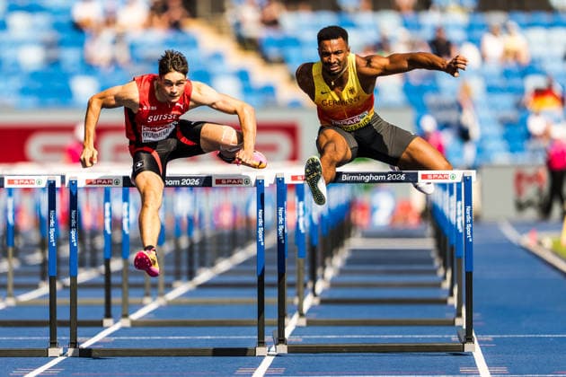 European Athletics Championships, Birmingham, August 13, 2026 BIRMINGHAM, UNITED KINGDOM, AUGUST 13—Leon Krummenacher of Switzerland (left) and Leo Neugebauer of Germany (right) compete in the 110-meter hurdles of the men’s decathlon on August 13, 2026, in Birmingham, United Kingdom Copyright: xBEAUTIFULxSPORTS UlfxSchillerx