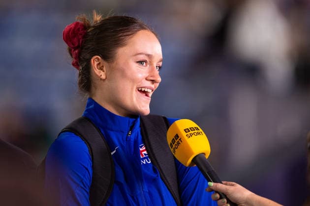 Gemma Tutton of Great Britain and Northern Ireland speaks to the BBC after missing out on the Womens Pole Vault final at the European Athletics Championships at Alexander Stadium in Birmingham, England Copyright: xSeanxWalshx Sportspressphoto_SPR205550