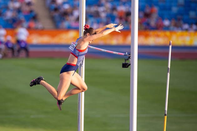 Gemma Tutton of Great Britain and Northern Ireland in action in the Womens Pole Vault qualification at the European Athletics Championships at Alexander Stadium in Birmingham, England Copyright: xSeanxWalshx Sportspressphoto_SPR205552