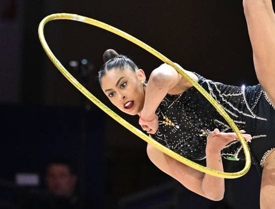 August 13, 2026, xhbx, 2026 Rhythmic Gymnastics World Championships, from left: Barbara Domingos, Brazil, hoop, DFL, DFB. REGULATIONS PROHIBIT ANY USE OF PHOTOGRAPHS AS IMAGE SEQUENCES AND OR QUASI-VIDEO. Frankfurt am Main