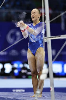 Sanne Wevers, NED, after the uneven bars during the qualifying round at the 2026 European Championships in Zagreb on August 13, 2026