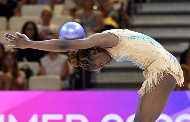 August 13, 2026, xhbx, 2026 Rhythmic Gymnastics World Championships, from left: Emilia Ekandjo, Namibia, Ball, DFL, DFB. REGULATIONS PROHIBIT ANY USE OF PHOTOGRAPHS AS IMAGE SEQUENCES AND OR QUASI-VIDEO. Frankfurt am Main