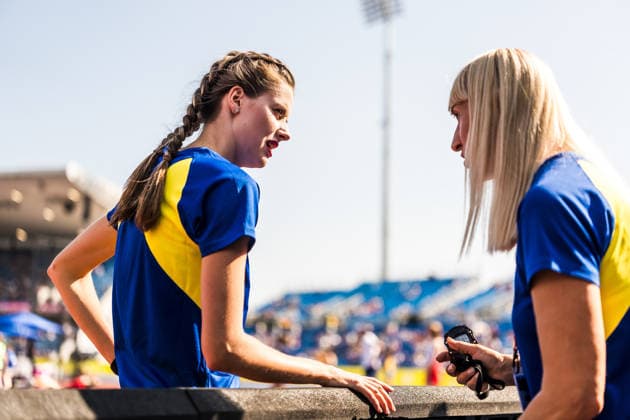 European Athletics Championships, Birmingham, August 13, 2026 BIRMINGHAM, UNITED KINGDOM AUGUST 13 Yaroslava Mahuchikh (UKR, Ukraine), left, talks to coach Tetyana Stepanova, right, during the women’s high jump qualifying round on August 13, 2026, in Birmingham, United Kingdom Copyright: xBEAUTIFULxSPORTS UlfxSchillerx