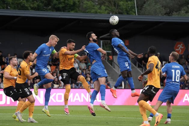 Modou Saidy of RFS and Nemanja Tekijaski of Jablonec in action during the UEFA Europa Conference League third qualifying round game between Latvia™s FK RFS and Czech Republic Jablonec FC teams in Riga, Latvia 13.08.2026. Riga Latvia Copyright: xRomanxKoksarovx RKV04811.JPG