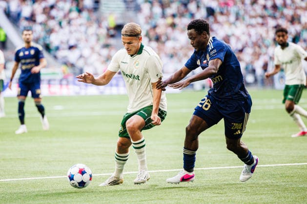 August 13, 2026: Markus Karlsson of Hammarby and Erick Ouma of Rakow during the UEFA Conference League qualifying soccer match between Hammarby and Rakow on August 13, 2026 in Stockholm. Photo by Kenta Jönsson, BILDBYRAN COP 210 KJ0361 soccer football fotball UEFA Conference League Conference League Hammarby Rakow bbeng  Copyright: KENTAxJÖNSSON BB260813KJ014