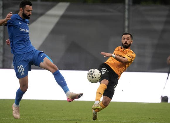 Stefan Panic of RFS and Vakhtang Tchanturishvili of Jablonec in action during the UEFA Europa Conference League third qualifying round game between Latvia™s FK RFS and Czech Republic Jablonec FC teams in Riga, Latvia 13.08.2026. Riga Latvia Copyright: xRomanxKoksarovx RKV04870.JPG
