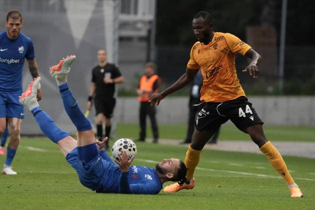 Herdi Prenga of RFS and Lamin Jawo of Jablonec in action during the UEFA Europa Conference League third qualifying round game between Latvia™s FK RFS and Czech Republic Jablonec FC teams in Riga, Latvia 13.08.2026. Riga Latvia Copyright: xRomanxKoksarovx RKV04883.JPG