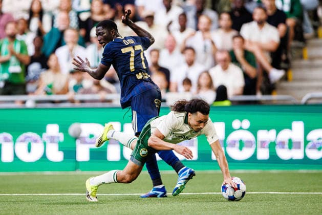 August 13, 2026: Debohi Dieudonne Gaucho of Rakow and Amin Boudri of Hammarby during the UEFA Conference League qualifying soccer match between Hammarby and Rakow on August 13, 2026 in Stockholm. Photo by Kenta Jönsson, BILDBYRAN COP 210 KJ0361 soccer football fotball UEFA Conference League Conference League Hammarby Rakow bbeng  Copyright: KENTAxJÖNSSON BB260813KJ022