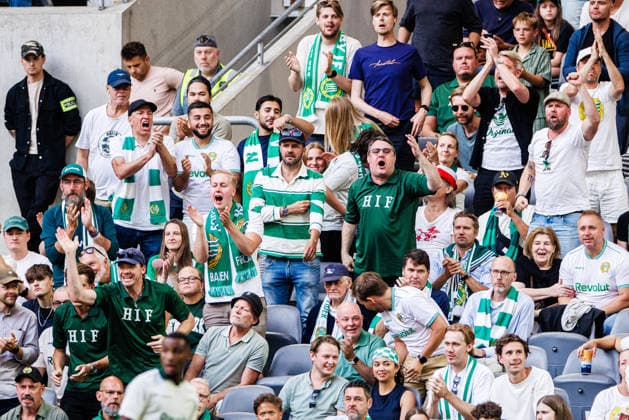 August 13, 2026: Hammarby supporters react during the UEFA Conference League qualifying soccer match between Hammarby and Rakow on August 13, 2026 in Stockholm. Photo by Kenta Jönsson, BILDBYRAN COP 210 KJ0361: soccer, football, UEFA Conference League, Hammarby, Rakow, BBENG, audience  Copyright: KENTAxJÖNSSON BB260813KJ028
