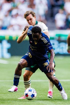 August 13, 2026: Hampus Skoglund of Hammarby and Erick Ouma Otieno of Rakow during the UEFA Conference League qualifying soccer match between Hammarby and Rakow on August 13, 2026 in Stockholm. Photo by Kenta Jönsson, BILDBYRAN COP 210 KJ0361 soccer football fotball UEFA Conference League Conference League Hammarby Rakow bbeng  Copyright: KENTAxJÖNSSON BB260813KJ031