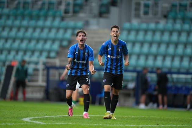 ESP Flora Tallinn vs. Inter Escaldes: David Lopez of Inter and Borja Arellano celebrate during the UEFA Conference League Q3 match between Flora Tallinn and Inter Escaldes, played at A Le Coq Arena in Tallinn on August 13, 2026, in Estonia Copyright: xAgenciaxLOFx