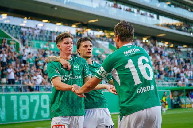 Soccer Switzerland UEFA Conference League 2026–27, Qualifying Round, Round 3, Second Leg, August 13, 2026, FC St. Gallen 1879 (Switzerland) vs. Sheriff Tiraspol (Republic of Moldova), Berit Sitter Stadium, St. Gallen, Goal and celebration of the 1–0 goal by Diego Besio (St. Gallen), 31, Joy, Emotions, Cheering Copyright: xJOERANxSTEINSIEKx