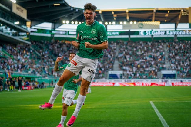 Soccer Switzerland UEFA Conference League 2026–27, Qualifying Round, Round 3, Second Leg, August 13, 2026, FC St. Gallen 1879 (Switzerland) vs. Sheriff Tiraspol (Republic of Moldova), Berit Sitter Stadium, St. Gallen, Goal and celebration of the 1–0 goal by Diego Besio (St. Gallen), 31, Joy, Emotions, Cheering Copyright: xJOERANxSTEINSIEKx