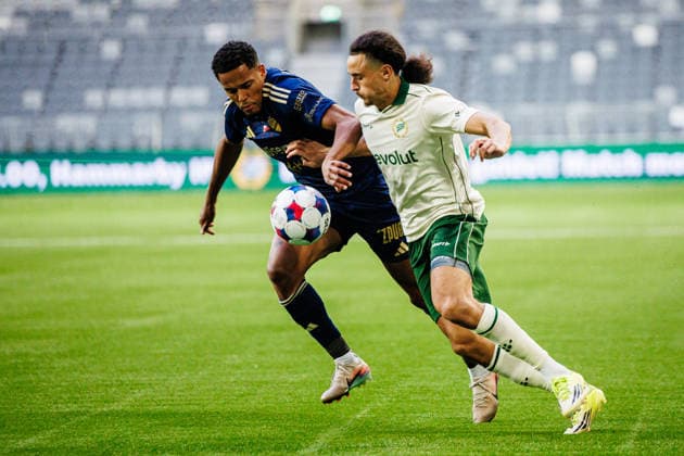 August 13, 2026: Michael Ameyaw of Rakow and Amin Boudri of Hammarby during the UEFA Conference League qualifying soccer match between Hammarby and Rakow on August 13, 2026 in Stockholm. Photo by Kenta Jönsson, BILDBYRAN COP 210 KJ0361. soccer, football, UEFA Conference League, Hammarby, Rakow, bbeng  Copyright: KENTAxJÖNSSON BB260813KJ034