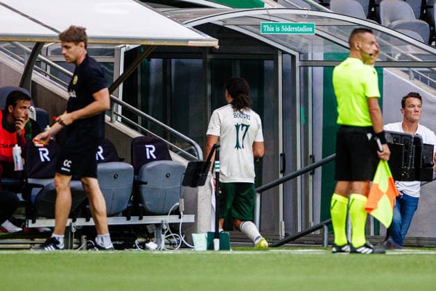 August 13, 2026: Amin Boudri of Hammarby receives a red card during the UEFA Conference League qualifying soccer match between Hammarby and Rakow on August 13, 2026 in Stockholm. Photo by Kenta Jönsson, BILDBYRAN COP 210 KJ0361 soccer football fotball UEFA Conference League Conference League Hammarby Rakow bbeng  Copyright: KENTAxJÖNSSON BB260813KJ035