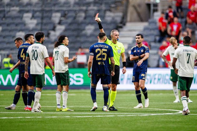 August 13, 2026: Amin Boudri of Hammarby receives a red card during the UEFA Conference League qualifying soccer match between Hammarby and Rakow on August 13, 2026 in Stockholm. Photo by Kenta Jönsson, BILDBYRAN COP 210 KJ0361 soccer football fotball UEFA Conference League Conference League Hammarby Rakow bbeng  Copyright: KENTAxJÖNSSON BB260813KJ037