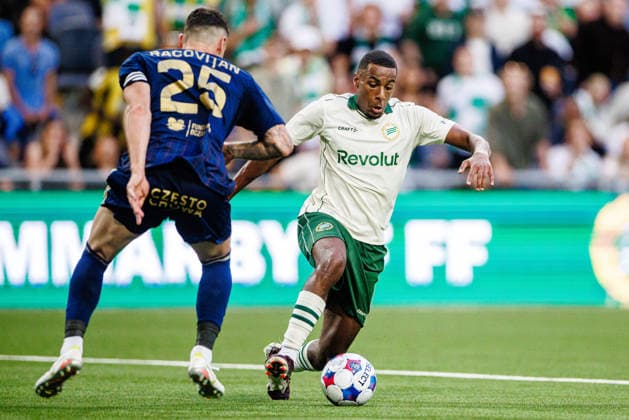 August 13, 2026: Bogdan Racovitan of Rakow and Paulos Abraham of Hammarby during the UEFA Conference League qualifying soccer match between Hammarby and Rakow on August 13, 2026 in Stockholm. Photo by Kenta Jönsson, BILDBYRAN COP 210 KJ0361. soccer, football, UEFA Conference League, Hammarby, Rakow, bbeng  Copyright: KENTAxJÖNSSON BB260813KJ039