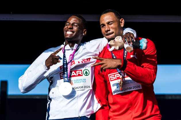 European Athletics Championships, Birmingham, August 13, 2026 BIRMINGHAM, UNITED KINGDOM, AUGUST 13 Just Kwaou Mathey (FRA, France) and Jason Joseph (Switzerland) with the silver and gold medals for the 110-meter hurdles at the medal ceremony at the European Athletics Championships in Birmingham on August 13, 2026, in Birmingham, United Kingdom Copyright: xBEAUTIFULxSPORTS UlfxSchillerx