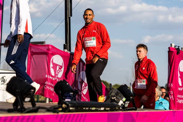 European Athletics Championships, Birmingham, August 13, 2026 BIRMINGHAM, UNITED KINGDOM AUGUST 13 Jason Joseph of Switzerland and Jakub Szymanski of Poland take the podium for the medal ceremony for the 110-meter hurdles at the European Athletics Championships in Birmingham on August 13, 2026, in Birmingham, United Kingdom Copyright: xBEAUTIFULxSPORTS UlfxSchillerx