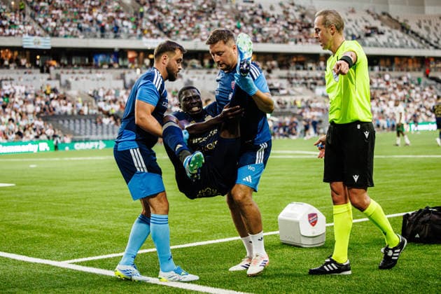 August 13, 2026: Debohi Dieudonne Gaucho of Rakow is in pain and receives medical attention during the UEFA Conference League qualifying soccer match between Hammarby and Rakow on August 13, 2026 in Stockholm. Photo by Kenta Jönsson, BILDBYRAN COP 210 KJ0361. soccer, football, UEFA Conference League, Hammarby, Rakow, bbeng  Copyright: KENTAxJÖNSSON BB260813KJ041