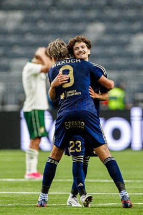 August 13, 2026: Patryk Makuch and Karol Struski of Rakow celebrate after the UEFA Conference League qualifying soccer match between Hammarby and Rakow on August 13, 2026 in Stockholm. Photo by Kenta Jönsson, BILDBYRAN COP 210 KJ0361: soccer, football, UEFA Conference League, Hammarby, Rakow, BBENG, celebration  Copyright: KENTAxJÖNSSON BB260813KJ043