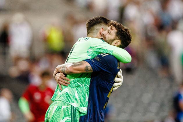 August 13, 2026: Goalkeeper Kacper Trelowski of Rakow celebrates after the UEFA Conference League qualifying soccer match between Hammarby and Rakow on August 13, 2026 in Stockholm. Photo by Kenta Jönsson, BILDBYRAN COP 210 KJ0361. soccer, football, UEFA Conference League, Conference League, Hammarby, Rakow, BBENG, celebration Copyright: KENTAxJÖNSSON BB260813KJ046