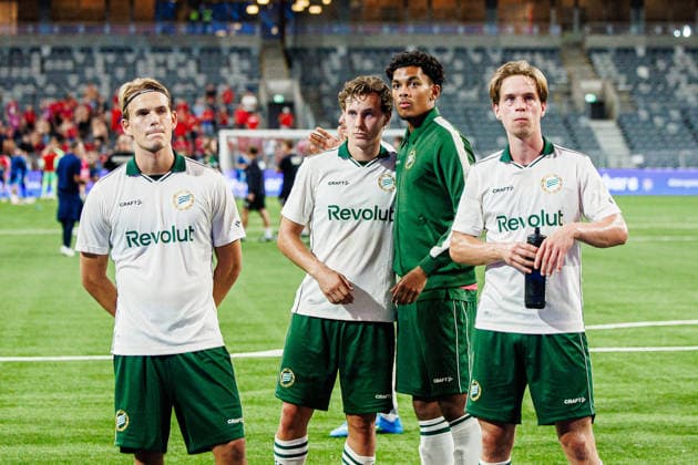 August 13, 2026: Markus Karlsson, Hampus Skoglund, and Oscar Steinke Branby of Hammarby look dejected after the UEFA Conference League qualifying soccer match between Hammarby and Rakow on August 13, 2026 in Stockholm. Photo by Kenta Jönsson, BILDBYRAN COP 210 KJ0361 soccer football fotball UEFA Conference League Conference League Hammarby Rakow bbeng depp  Copyright: KENTAxJÖNSSON BB260813KJ048