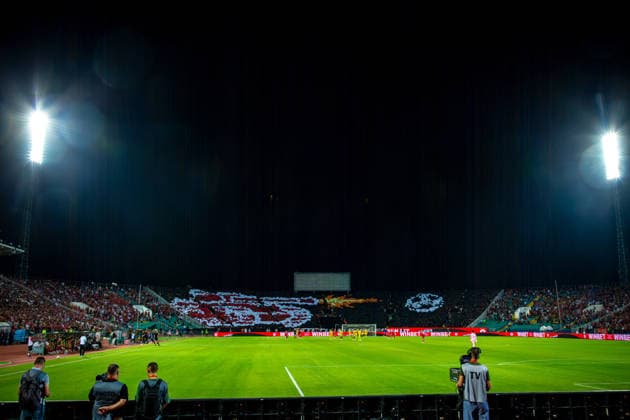 IPA87453337 - CSKA fans choreography during the Europa League qualifying match between PFC CSKA and Maccabi Tel Aviv FC at Vasil Levski National Stadium in Sofia, Bulgaria, on August 13, 2026  Copyright: xIvanxSxIvanov IPAxSportx xx 87453337