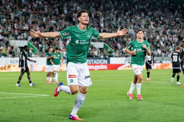 Soccer, UEFA Conference League Qualifying Round: FC St. Gallen 1879 vs. FC Sheriff Tiraspol, Thursday, August 13, 2026, Berit Sitter Stadium, St. Gallen, Switzerland; Goal celebration, goal by Andrin Hunziker in the 9th minute, FC St. Gallen Copyright: xValentinxDomgjonix