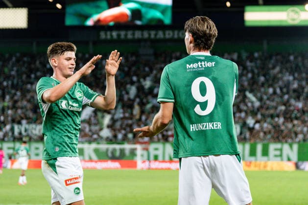 Soccer, UEFA Conference League Qualifying Round: FC St. Gallen 1879 vs. FC Sheriff Tiraspol, Thursday, August 13, 2026, Berit Sitter Stadium, St. Gallen, Switzerland, Andrin Hunziker 9, FC St. Gallen, and Andrin Hunziker 9, FC St. Gallen celebrate after Andrin Hunziker 9, FC St. Gallen, scores to make it 3–1; goal celebration; goal by FC St. Gallen 1879 Copyright: xValentinxDomgjonix