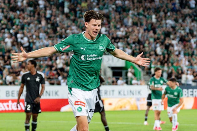 Soccer, UEFA Conference League Qualifying Round: FC St. Gallen 1879 vs. FC Sheriff Tiraspol, Thursday, August 13, 2026, Berit Sitter Stadium, St. Gallen, Switzerland; Goal celebration, goal by Andrin Hunziker in the 9th minute, FC St. Gallen Copyright: xValentinxDomgjonix