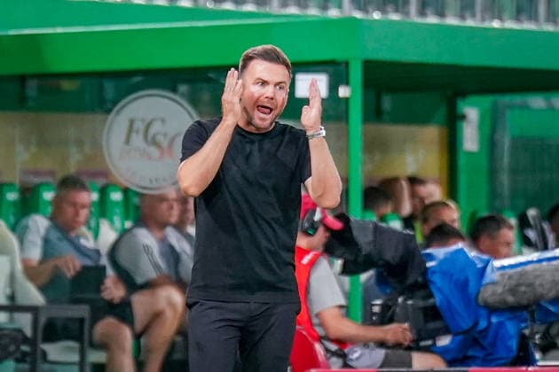 Swiss Soccer UEFA Conference League 2026–27, Qualifying Round, Round 3, Second Leg, August 13, 2026 FC St. Gallen 1879 (Switzerland) vs. Sheriff Tiraspol (Republic of Moldova) Berit Sitter Stadium, St. Gallen Enrico Maassen, Head Coach, St. Gallen: Facial expressions, emotions Copyright: xJOERANxSTEINSIEKx