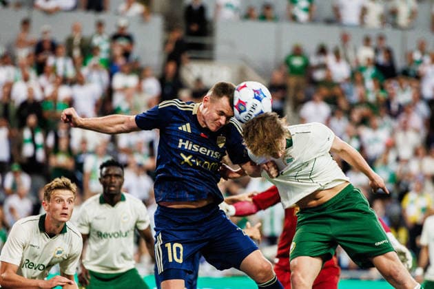 August 13, 2026: Vladyslav Kochergin of Rakow and Oscar Steinke Branby of Hammarby during the UEFA Conference League qualifying soccer match between Hammarby and Rakow on August 13, 2026 in Stockholm. Photo by Kenta Jönsson, BILDBYRAN COP 210 KJ0361 soccer football fotball UEFA Conference League Conference League Hammarby Rakow bbeng  Copyright: KENTAxJÖNSSON BB260813KJ066