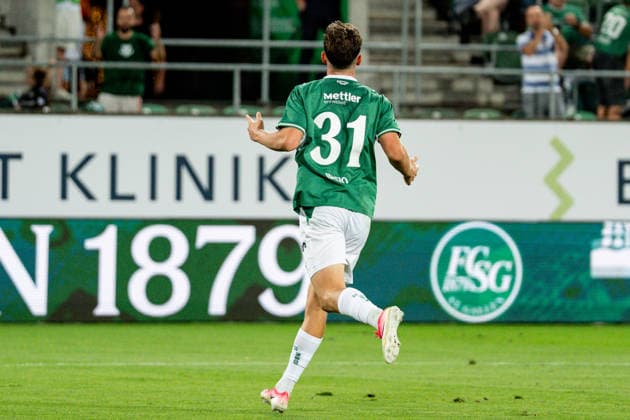 Soccer, UEFA Conference League Qualifying Round: FC St. Gallen 1879 vs. FC Sheriff Tiraspol, Thursday, August 13, 2026, Berit Sitter Stadium, St. Gallen, Switzerland. Celebrations after Diego Besio’s goal in the 31st minute, FC St. Gallen leads 4–1 for FC St. Gallen 1879 Copyright: xValentinxDomgjonix