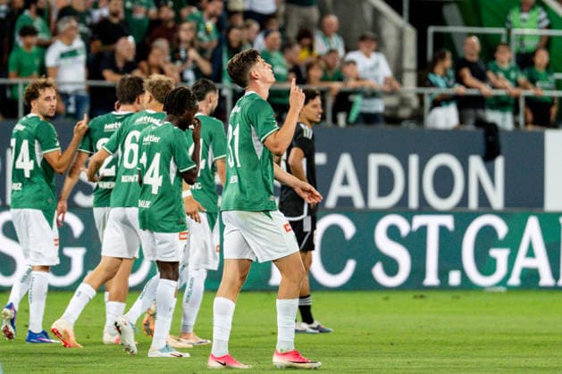 Soccer, UEFA Conference League Qualifying Round: FC St. Gallen 1879 vs. FC Sheriff Tiraspol, Thursday, August 13, 2026, Berit Sitter Stadium, St. Gallen, Switzerland. Celebrations after Diego Besio’s goal in the 31st minute, FC St. Gallen leads 4–1 for FC St. Gallen 1879 Copyright: xValentinxDomgjonix