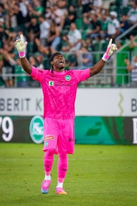 Swiss Soccer UEFA Conference League 2026–27, Qualifying Round, Round 3, Second Leg, August 13, 2026 FC St. Gallen 1879 (Switzerland) vs. Sheriff Tiraspol (Republic of Moldova) Berit Sitter Stadium, St. Gallen; Lawrence Ati Zigi, St. Gallen, 1 Joy, Emotions, Cheering, Facial Expressions, Gestures, Sponsors, Advertising, Business, Advertising Banners, Equipment, Berit Klink, St. Galler Kantonalbank Copyright: xJOERANxSTEINSIEKx
