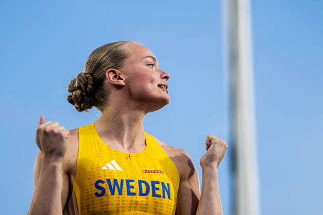 August 13, 2026: Kajsa Roth of Sweden celebrates during the women’s pole vault final on Day 4 of the 2026 European Athletics Championships in Birmingham. 2026 in Birmingham. Photo by Mathias Bergeld. BILDBYRAN code MB MT1068. track and field, athletics, friidrett, friidrotts EM, 2026 European Athletics Championships, 4, BBENG, celebration  Copyright: MATHIASxBERGELD BB260813MB113