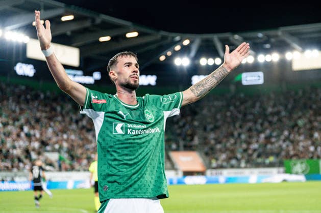 Soccer, UEFA Conference League Qualifying Round: FC St. Gallen 1879 vs. FC Sheriff Tiraspol, Thursday, August 13, 2026, Berit Sitter Stadium, St. Gallen, Switzerland, Mihailo Stevanovic 64, FC St. Gallen celebrates a 5–1 lead; goal; goal celebration Copyright: xValentinxDomgjonix