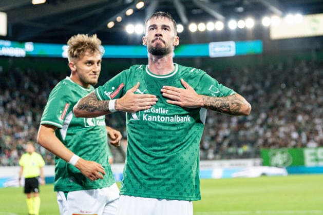 Soccer, UEFA Conference League Qualifying Round: FC St. Gallen 1879 vs. FC Sheriff Tiraspol, Thursday, August 13, 2026, Berit Sitter Stadium, St. Gallen, Switzerland, Mihailo Stevanovic 64, FC St. Gallen celebrates a 5–1 lead; goal; goal celebration Copyright: xValentinxDomgjonix