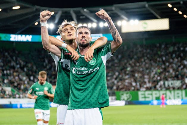 Soccer, UEFA Conference League Qualifying Round: FC St. Gallen 1879 vs. FC Sheriff Tiraspol, Thursday, August 13, 2026, Berit Sitter Stadium, St. Gallen, Switzerland. Corsin Konietzke (63), FC St. Gallen, and Mihailo Stevanovic, Mihailo Stevanovic 64, FC St. Gallen celebrate after Mihailo Stevanovic’s goal, Mihailo Stevanovic 64, FC St. Gallen make it 5–1, goal, goal celebration Copyright: xValentinxDomgjonix