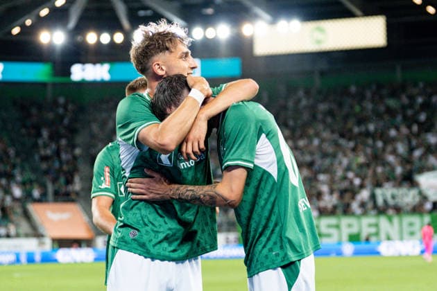 Soccer, UEFA Conference League Qualifying Round: FC St. Gallen 1879 vs. FC Sheriff Tiraspol, Thursday, August 13, 2026, Berit Sitter Stadium, St. Gallen, Switzerland. Corsin Konietzke (63), FC St. Gallen, and Mihailo Stevanovic, Mihailo Stevanovic 64, FC St. Gallen celebrate after Mihailo Stevanovic’s goal, Mihailo Stevanovic 64, FC St. Gallen make it 5–1, goal, goal celebration Copyright: xValentinxDomgjonix
