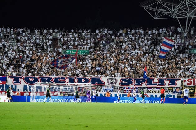 Soccer Croatia UEFA Conference League Qualifiers 2026–2027, Round 3, August 13, 2026: HNK Hajduk Split (Croatia) vs. FK Žalgiris Vilnius (Lithuania) at Poljud Stadium, Split, Croatia; Torcida Split fans, Ultras Copyright: xLUKAxKOLANOVICx