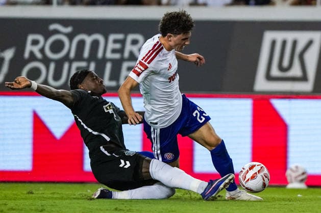 Soccer Croatia UEFA Conference League Qualifiers 2026–2027, Round 3, August 13, 2026, HNK Hajduk Split (Croatia) vs. FK Žalgiris Vilnius (Lithuania), Poljud Stadium, Split, Croatia, Bryan Teixeira (FK Žalgiris), Marin Soticek, Hajduk Split Copyright: xLUKAxKOLANOVICx