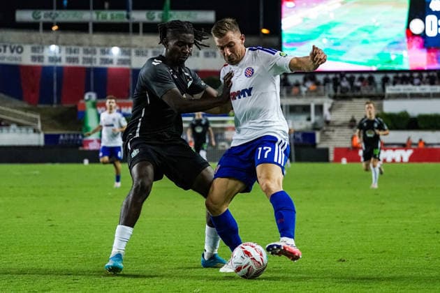 Soccer Croatia UEFA Conference League Qualifiers 2026–2027, Round 3, August 13, 2026: HNK Hajduk Split (Croatia) vs. FK Žalgiris Vilnius (Lithuania) at Poljud Stadium, Split, Croatia; Danny Lupano (FK Žalgiris), Dario Melnjak, Hajduk Split Copyright: xLUKAxKOLANOVICx