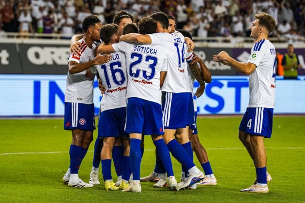 Soccer Croatia UEFA Conference League Qualifiers 2026–2027, Round 3, August 13, 2026, HNK Hajduk Split (Croatia) vs. FK Žalgiris Vilnius (Lithuania), Poljud Stadium, Split, Croatia. Hajduk celebrates the 1–0 goal scored by Dario Melnjak. Hajduk Split Copyright: xLUKAxKOLANOVICx