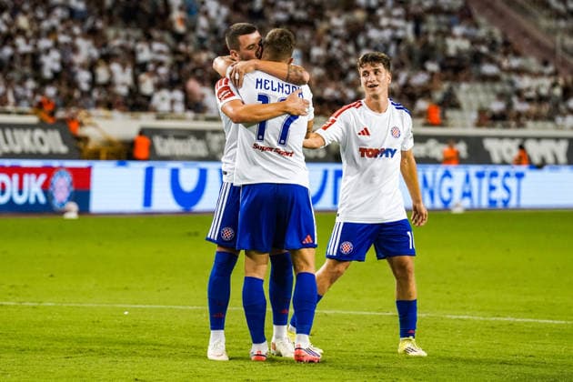 Soccer Croatia UEFA Conference League Qualifiers 2026–2027, Round 3, August 13, 2026, HNK Hajduk Split (Croatia) vs. FK Žalgiris Vilnius (Lithuania), Poljud Stadium, Split, Croatia. Dario Maresic (Hajduk Split) and Dario Melnjak (Hajduk Split) celebrate the 1–0 goal. Copyright: xLUKAxKOLANOVICx