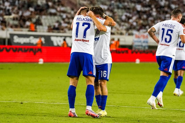 Soccer Croatia UEFA Conference League Qualifiers 2026–2027, Round 3, August 13, 2026, HNK Hajduk Split (Croatia) vs. FK Žalgiris Vilnius (Lithuania), Poljud Stadium, Split, Croatia. Dario Melnjak (Hajduk Split) and Andelo Sutalo (Hajduk Split) celebrate the 1–0 goal. Copyright: xLUKAxKOLANOVICx