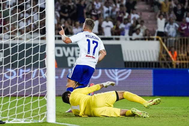 Soccer Croatia UEFA Conference League Qualifiers 2026–2027, Round 3, August 13, 2026, HNK Hajduk Split (Croatia) vs. FK Zalgiris Vilnius (Lithuania), Poljud Stadium, Split, Croatia. Dario Melnjak of Hajduk Split celebrates his goal against Carlos Olses of FK Zalgiris to make it 1–0. Copyright: xLUKAxKOLANOVICx
