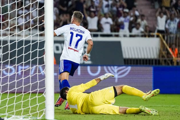 Soccer Croatia UEFA Conference League Qualifiers 2026–2027, Round 3, August 13, 2026, HNK Hajduk Split (Croatia) vs. FK Zalgiris Vilnius (Lithuania), Poljud Stadium, Split, Croatia. Dario Melnjak of Hajduk Split celebrates his goal against Carlos Olses of FK Zalgiris to make it 1–0. Copyright: xLUKAxKOLANOVICx